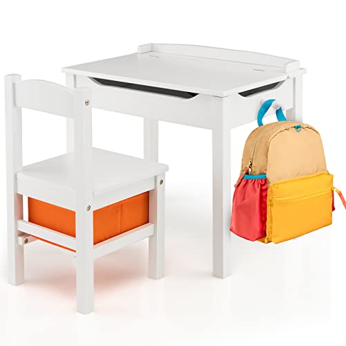 Costzon Kids Table and Chair Set, Flip Top Toddler Study Desk w/Chair for Playroom & Nursery, Wood Activity Table Set w/Storage Space, Safety Hinge, Pull-Out Drawer & Hook for Arts, Crafts (White)