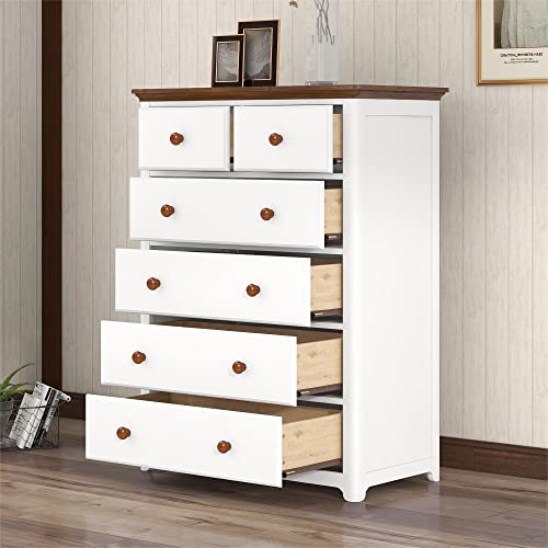 Merax, White Modern Farmhouse Wood 6 Dresser for Bedroom, Tall Storage Cabinet for Closet, Clothes, Kids, Baby, TV Stand with Drawers, Walnut, Chest