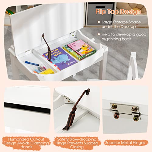 Costzon Kids Table and Chair Set, Flip Top Toddler Study Desk w/Chair for Playroom & Nursery, Wood Activity Table Set w/Storage Space, Safety Hinge, Pull-Out Drawer & Hook for Arts, Crafts (White)