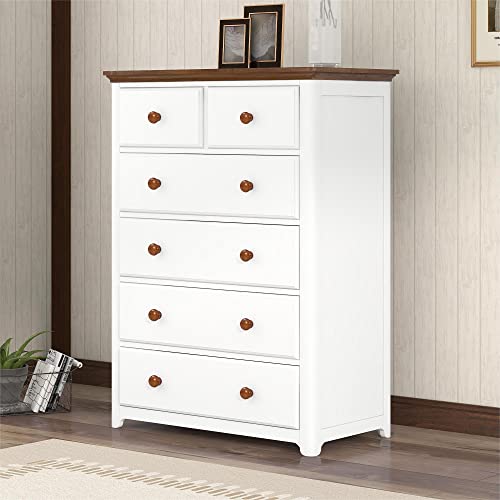 Merax, White Modern Farmhouse Wood 6 Dresser for Bedroom, Tall Storage Cabinet for Closet, Clothes, Kids, Baby, TV Stand with Drawers, Walnut, Chest
