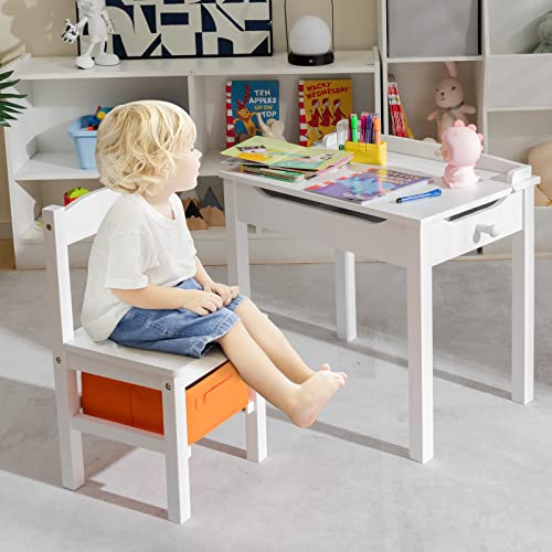 Costzon Kids Table and Chair Set, Flip Top Toddler Study Desk w/Chair for Playroom & Nursery, Wood Activity Table Set w/Storage Space, Safety Hinge, Pull-Out Drawer & Hook for Arts, Crafts (White)