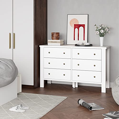 Senfot Drawer Chest Dresser Organizers Storage Wood Nightstand with 6 Drawers Furniture for Kids, Bedroom and Living Room in White
