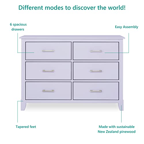 Dream On Me Universal Double Dresser in Lavender Ice, Kids Bedroom Dresser, Six Drawers, Mid-Century Modern, Made of Solid Pinewood, Easy Assembly
