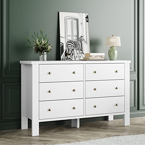 Senfot Drawer Chest Dresser Organizers Storage Wood Nightstand with 6 Drawers Furniture for Kids, Bedroom and Living Room in White