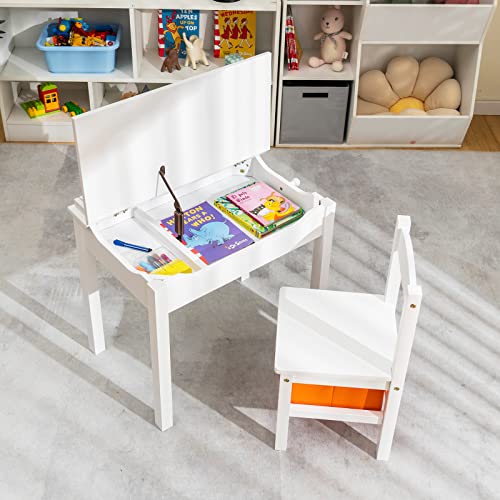 Costzon Kids Table and Chair Set, Flip Top Toddler Study Desk w/Chair for Playroom & Nursery, Wood Activity Table Set w/Storage Space, Safety Hinge, Pull-Out Drawer & Hook for Arts, Crafts (White)
