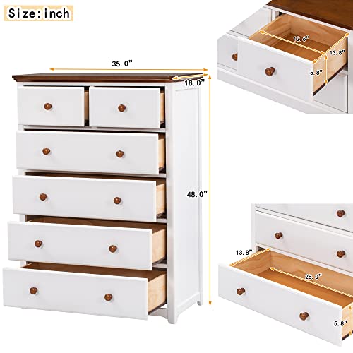 Merax, White Modern Farmhouse Wood 6 Dresser for Bedroom, Tall Storage Cabinet for Closet, Clothes, Kids, Baby, TV Stand with Drawers, Walnut, Chest