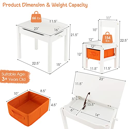 Costzon Kids Table and Chair Set, Flip Top Toddler Study Desk w/Chair for Playroom & Nursery, Wood Activity Table Set w/Storage Space, Safety Hinge, Pull-Out Drawer & Hook for Arts, Crafts (White)