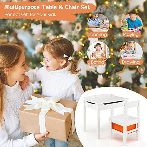 Costzon Kids Table and Chair Set, Flip Top Toddler Study Desk w/Chair for Playroom & Nursery, Wood Activity Table Set w/Storage Space, Safety Hinge, Pull-Out Drawer & Hook for Arts, Crafts (White)
