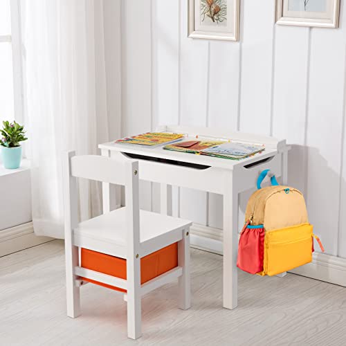 Costzon Kids Table and Chair Set, Flip Top Toddler Study Desk w/Chair for Playroom & Nursery, Wood Activity Table Set w/Storage Space, Safety Hinge, Pull-Out Drawer & Hook for Arts, Crafts (White)