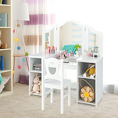 AKUSTIK Kids Vanity, 2 in 1 White Wooden Dressing Table and Chair Set for Toddlers with Tri-Folding Detachable Mirror, Storage Shelves, Pretend Princess Beauty Make Up Play Set for Little Girls