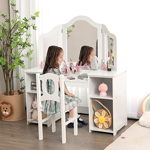 AKUSTIK Kids Vanity, 2 in 1 White Wooden Dressing Table and Chair Set for Toddlers with Tri-Folding Detachable Mirror, Storage Shelves, Pretend Princess Beauty Make Up Play Set for Little Girls