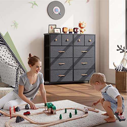 Nicehill Dresser for Bedroom with 10 Drawers, Storage Drawer Organizer, Tall Chest of Drawers for Closet, Clothes, Kids, Baby, Living Room, Wood Board, Fabric Drawers (Black Grey)