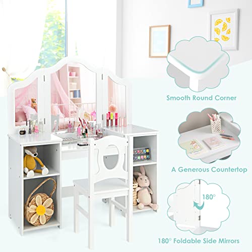 AKUSTIK Kids Vanity, 2 in 1 White Wooden Dressing Table and Chair Set for Toddlers with Tri-Folding Detachable Mirror, Storage Shelves, Pretend Princess Beauty Make Up Play Set for Little Girls