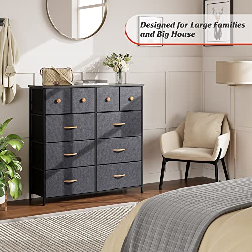 Nicehill Dresser for Bedroom with 10 Drawers, Storage Drawer Organizer, Tall Chest of Drawers for Closet, Clothes, Kids, Baby, Living Room, Wood Board, Fabric Drawers (Black Grey)