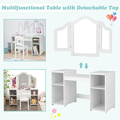 AKUSTIK Kids Vanity, 2 in 1 White Wooden Dressing Table and Chair Set for Toddlers with Tri-Folding Detachable Mirror, Storage Shelves, Pretend Princess Beauty Make Up Play Set for Little Girls