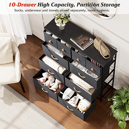 Nicehill Dresser for Bedroom with 10 Drawers, Storage Drawer Organizer, Tall Chest of Drawers for Closet, Clothes, Kids, Baby, Living Room, Wood Board, Fabric Drawers (Black Grey)