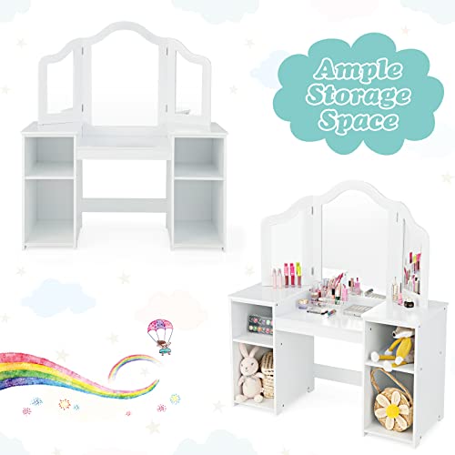 AKUSTIK Kids Vanity, 2 in 1 White Wooden Dressing Table and Chair Set for Toddlers with Tri-Folding Detachable Mirror, Storage Shelves, Pretend Princess Beauty Make Up Play Set for Little Girls