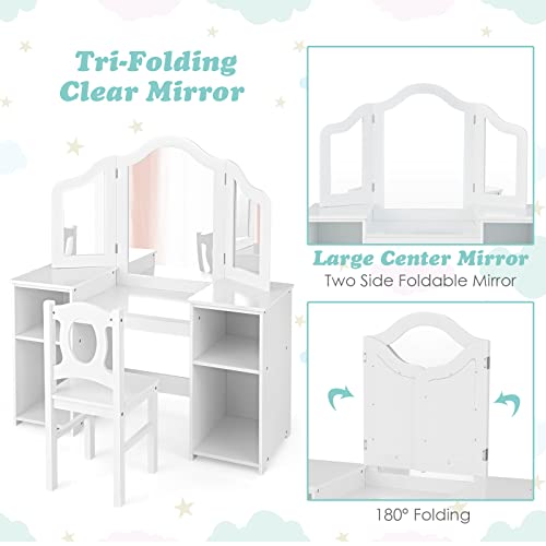 AKUSTIK Kids Vanity, 2 in 1 White Wooden Dressing Table and Chair Set for Toddlers with Tri-Folding Detachable Mirror, Storage Shelves, Pretend Princess Beauty Make Up Play Set for Little Girls
