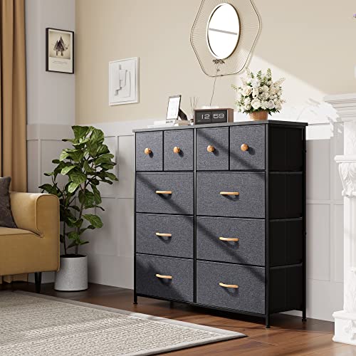 Nicehill Dresser for Bedroom with 10 Drawers, Storage Drawer Organizer, Tall Chest of Drawers for Closet, Clothes, Kids, Baby, Living Room, Wood Board, Fabric Drawers (Black Grey)