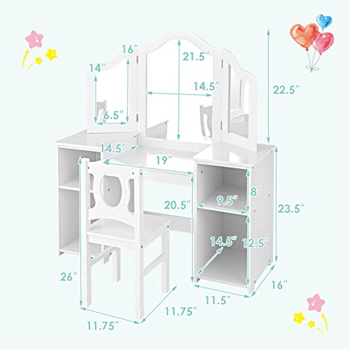 AKUSTIK Kids Vanity, 2 in 1 White Wooden Dressing Table and Chair Set for Toddlers with Tri-Folding Detachable Mirror, Storage Shelves, Pretend Princess Beauty Make Up Play Set for Little Girls