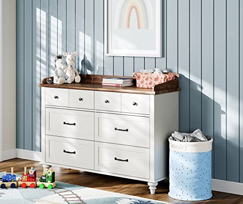 WAMPAT White Dresser for Kids Bedroom with 6 Drawers, Mid Century Dresser Wide Chest of Drawers with Storage Cabinet Organizer for Nursery, Living Room
