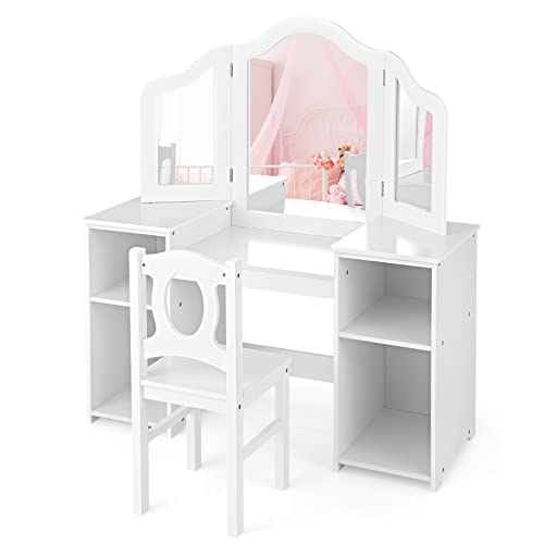 AKUSTIK Kids Vanity, 2 in 1 White Wooden Dressing Table and Chair Set for Toddlers with Tri-Folding Detachable Mirror, Storage Shelves, Pretend Princess Beauty Make Up Play Set for Little Girls