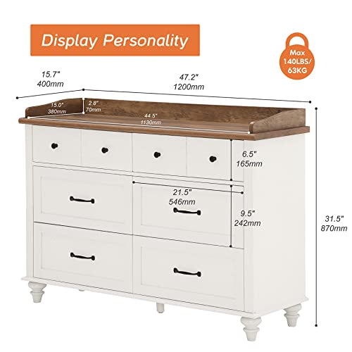 WAMPAT White Dresser for Kids Bedroom with 6 Drawers, Mid Century Dresser Wide Chest of Drawers with Storage Cabinet Organizer for Nursery, Living Room