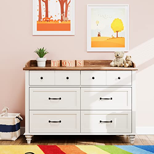 WAMPAT White Dresser for Kids Bedroom with 6 Drawers, Mid Century Dresser Wide Chest of Drawers with Storage Cabinet Organizer for Nursery, Living Room