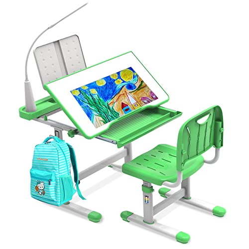BELANITAS Kids Desk and Chair Set 5-8 Years with 40-Degree Tilted Desktop, Height Adjustable Children Desk and Chair Set for Boys and Girls,40 Degree Tilt Desk for Kids Room 8-12, Green