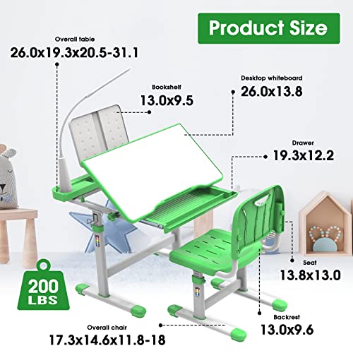 BELANITAS Kids Desk and Chair Set 5-8 Years with 40-Degree Tilted Desktop, Height Adjustable Children Desk and Chair Set for Boys and Girls,40 Degree Tilt Desk for Kids Room 8-12, Green