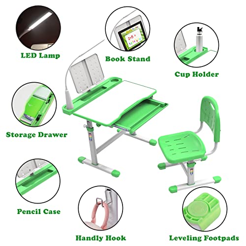 BELANITAS Kids Desk and Chair Set 5-8 Years with 40-Degree Tilted Desktop, Height Adjustable Children Desk and Chair Set for Boys and Girls,40 Degree Tilt Desk for Kids Room 8-12, Green