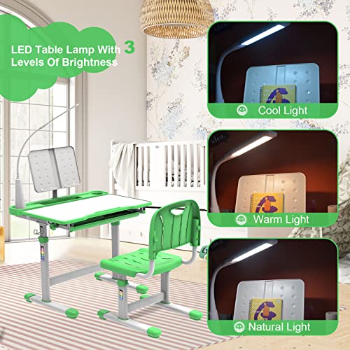 BELANITAS Kids Desk and Chair Set 5-8 Years with 40-Degree Tilted Desktop, Height Adjustable Children Desk and Chair Set for Boys and Girls,40 Degree Tilt Desk for Kids Room 8-12, Green