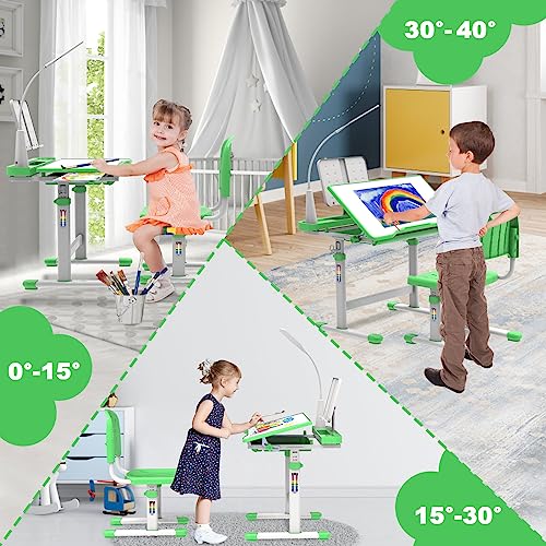 BELANITAS Kids Desk and Chair Set 5-8 Years with 40-Degree Tilted Desktop, Height Adjustable Children Desk and Chair Set for Boys and Girls,40 Degree Tilt Desk for Kids Room 8-12, Green