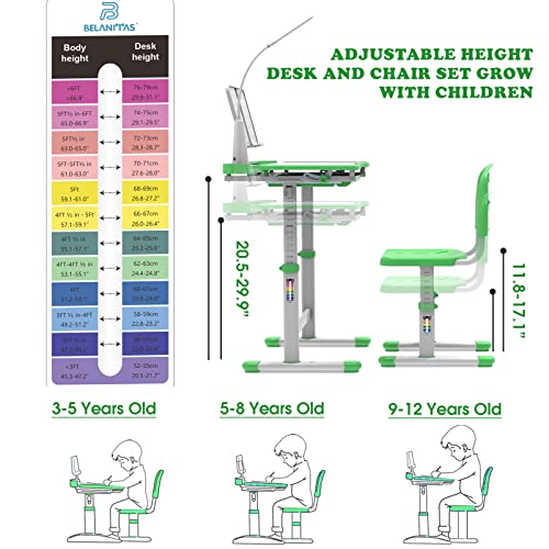 BELANITAS Kids Desk and Chair Set 5-8 Years with 40-Degree Tilted Desktop, Height Adjustable Children Desk and Chair Set for Boys and Girls,40 Degree Tilt Desk for Kids Room 8-12, Green
