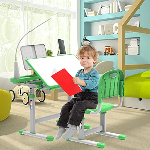 BELANITAS Kids Desk and Chair Set 5-8 Years with 40-Degree Tilted Desktop, Height Adjustable Children Desk and Chair Set for Boys and Girls,40 Degree Tilt Desk for Kids Room 8-12, Green