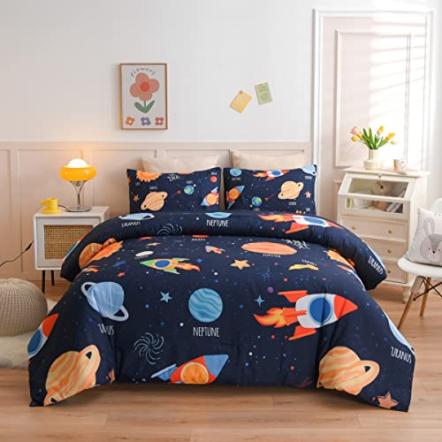 NTBED Galaxy Space Comforter Set for Boys Girls Kids Rocket Planet Lightweight Microfiber Bedding Sets(Blue,Twin)