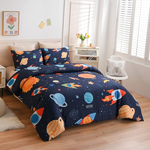 NTBED Galaxy Space Comforter Set for Boys Girls Kids Rocket Planet Lightweight Microfiber Bedding Sets(Blue,Twin)