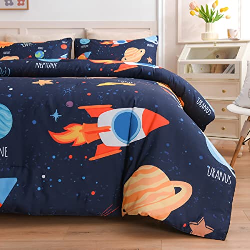 NTBED Galaxy Space Comforter Set for Boys Girls Kids Rocket Planet Lightweight Microfiber Bedding Sets(Blue,Twin)
