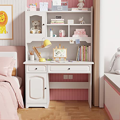 YQ WHJB Study Desk with Hutch and Bookshelf,Wooden Computer Desk Home Office Desk Teenager Desk with Shelves and Drawers,Cute Writing Study Desk Bookshelf Combo for Girl Boy(39.4inch, White)
