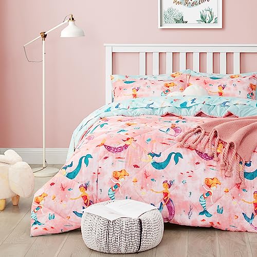 UMCHORD Pink Mermaid Kids Bedding Set for Girls, Twin Size 5 Pieces Bed in a Bag, Super Soft Lightweight Microfiber Comforter Set with Sheets, Hotel Quality Durable Children Bed Set