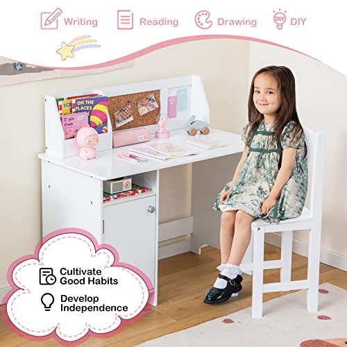Costzon Kids Desk and Chair Set, Wooden Children Study Table with Hutch, Cabinet, Bulletin Board, Student Computer Workstation Writing Table for Bedroom, Study Room, Gift for Boys Girls 3+ (White)
