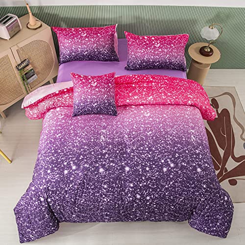 PERFEMET Purple Comforter Set Full Size - 6Pcs Colorful Rainbow Girls Bedding Set - Sparkly Pastel Ombre Bed in A Bag - (1 Comforter, 1 Flat Sheet, 1 Fitted Sheet, 2 Pillowcases, 1 Cushion Cover)