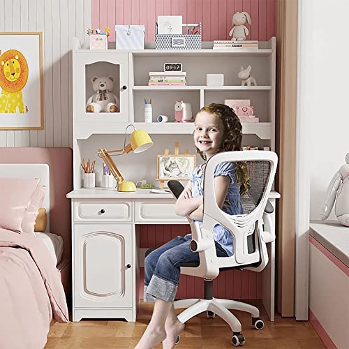 YQ WHJB Study Desk with Hutch and Bookshelf,Wooden Computer Desk Home Office Desk Teenager Desk with Shelves and Drawers,Cute Writing Study Desk Bookshelf Combo for Girl Boy(39.4inch, White)