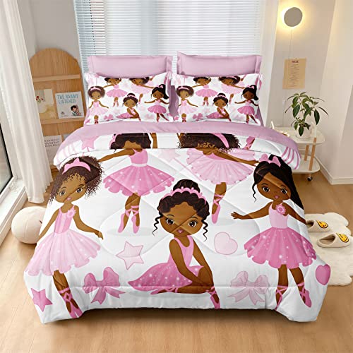 SIRDO Black Girl Magic Comforter Set Full Size Pink Princess Bedding Sets Ballet Girls Bedroom Set Afro Black Melanin Bed Set with Sheets