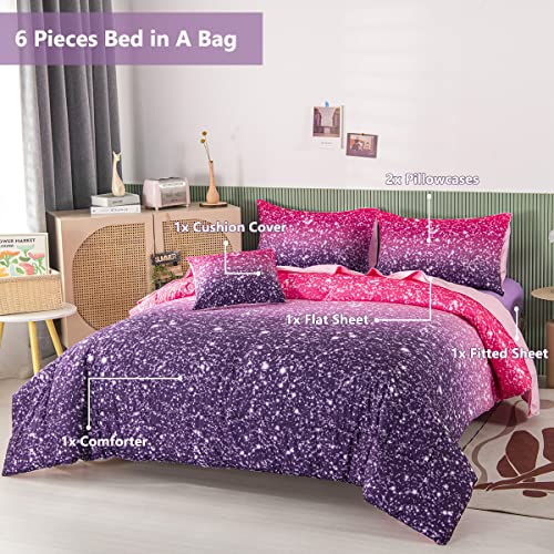 PERFEMET Purple Comforter Set Full Size - 6Pcs Colorful Rainbow Girls Bedding Set - Sparkly Pastel Ombre Bed in A Bag - (1 Comforter, 1 Flat Sheet, 1 Fitted Sheet, 2 Pillowcases, 1 Cushion Cover)