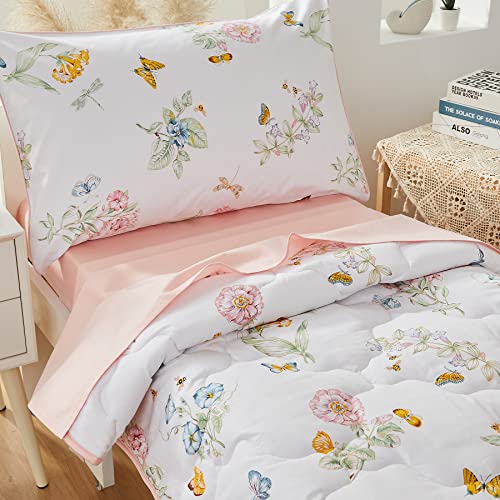 Brandream Toddler Bedding Set Girls Pink Garden Butterfly Floral Comforter Sheet Set Best Cotton Kids Baby Bedding 4Pcs Blush White Green