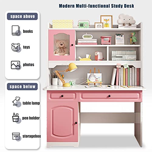 YQ WHJB Study Desk with Hutch and Bookshelf,Wooden Computer Desk Home Office Desk Teenager Desk with Shelves and Drawers,Cute Writing Study Desk Bookshelf Combo for Girl Boy(39.4inch, White)