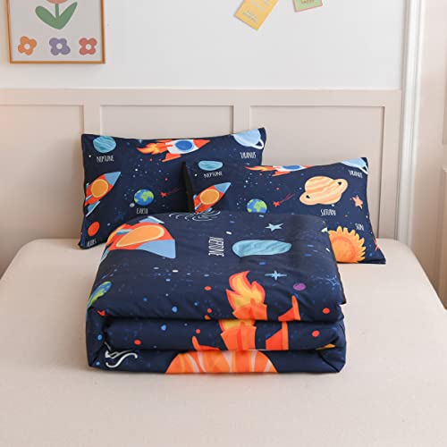 NTBED Galaxy Space Comforter Set for Boys Girls Kids Rocket Planet Lightweight Microfiber Bedding Sets(Blue,Twin)