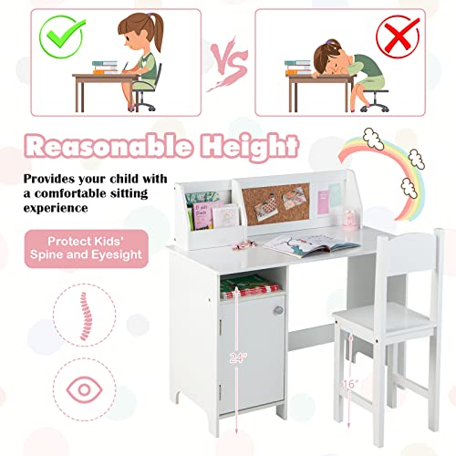 Costzon Kids Desk and Chair Set, Wooden Children Study Table with Hutch, Cabinet, Bulletin Board, Student Computer Workstation Writing Table for Bedroom, Study Room, Gift for Boys Girls 3+ (White)