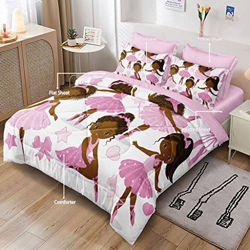 SIRDO Black Girl Magic Comforter Set Full Size Pink Princess Bedding Sets Ballet Girls Bedroom Set Afro Black Melanin Bed Set with Sheets